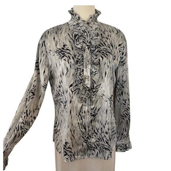 St. John Stretch Silk Button-Down Ruffle Shirt Top Blouse Long Sleeve 10 Vintage